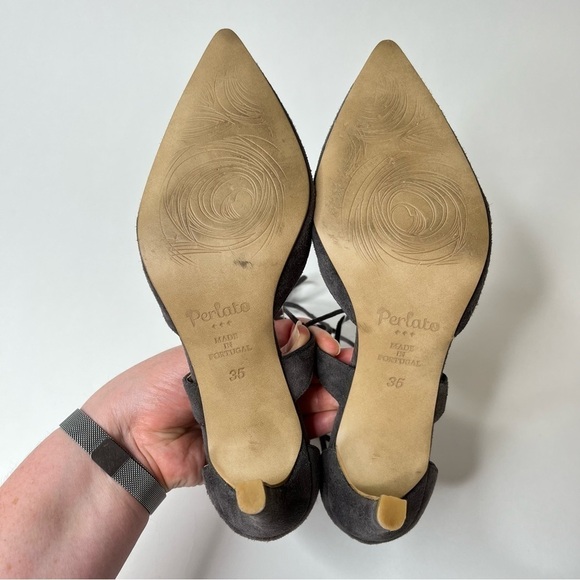 PERLATO Grey Suede Ankle Tie-up Sexy Pointed Toe Pumps Heels Shoes - Picture 10 of 12